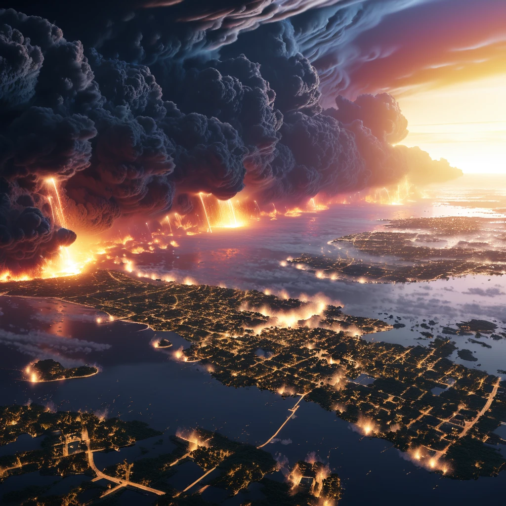 no human, cinematic, epic scale, dramatic, panoramic, bird's eye view, meteor, disaster, cataclysm, nightscape, cityscape, coastal city, glowing sky, dramatic lighting, cinematic composition, photorealistic, 8k, high resolution, masterpiece, hyper detailed, ultra-realistic, studio lighting, physically-based rendering