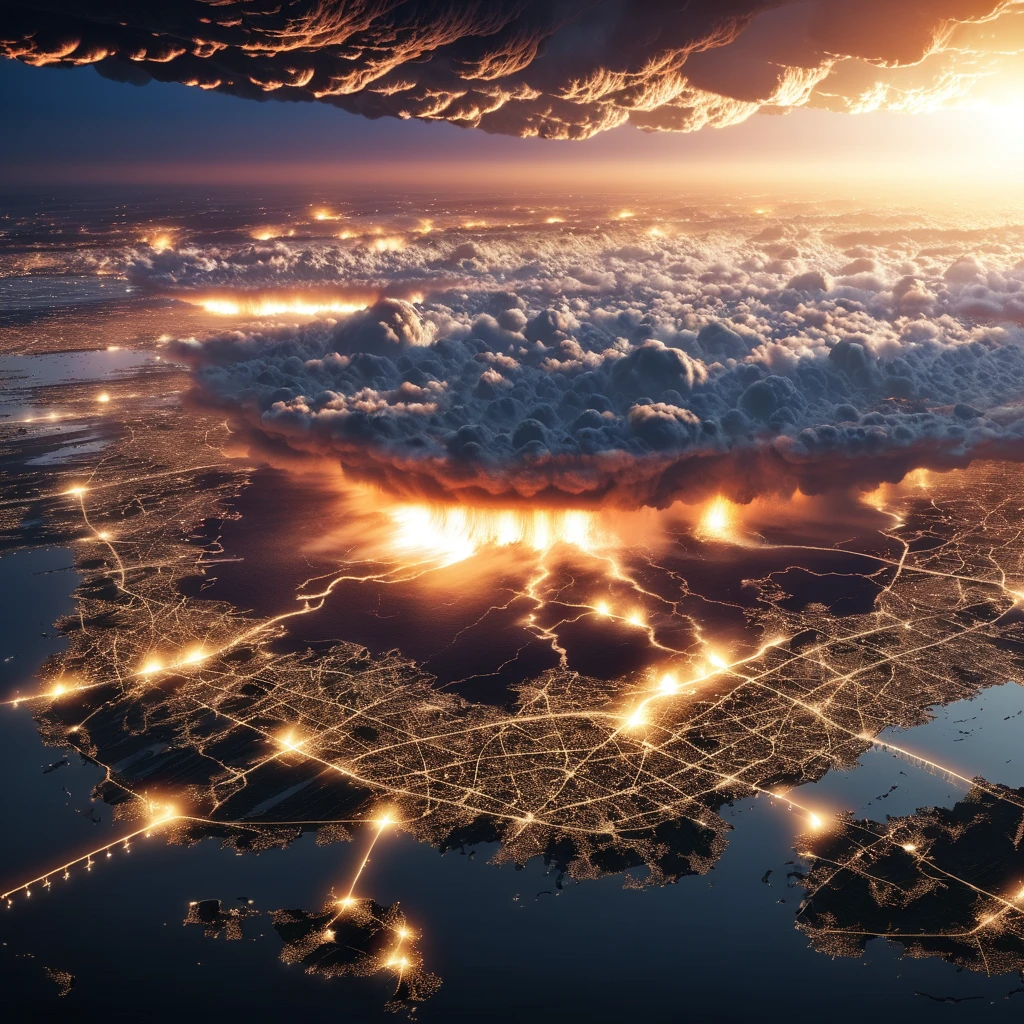 no human, cinematic, epic scale, dramatic, panoramic, bird's eye view, meteor, disaster, cataclysm, nightscape, cityscape, coastal city, glowing sky, dramatic lighting, cinematic composition, photorealistic, 8k, high resolution, masterpiece, hyper detailed, ultra-realistic, studio lighting, physically-based rendering