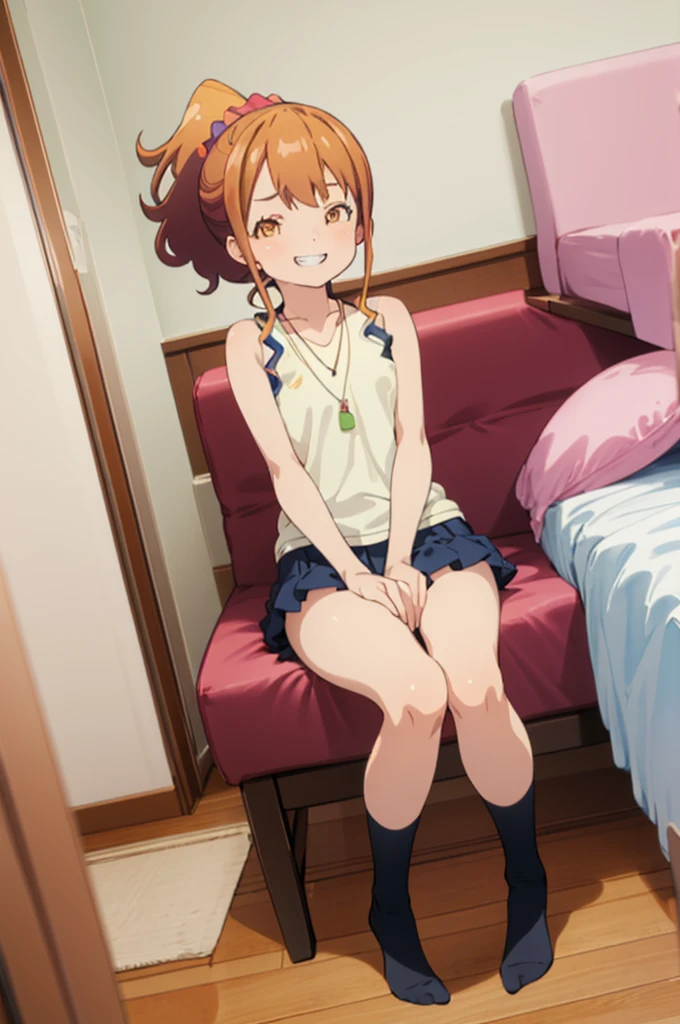 best quality, (masterpiece:1.2), highly detailed,
my room ,, jinno megumi,
1girl, solo, , looking at the viewer,grin,sitting
brown hair, ponytail, brown eyes, scrunchie, necklace,
casual clothes,sleeveless,miniskirt,small breasts,((nsfw)),socks