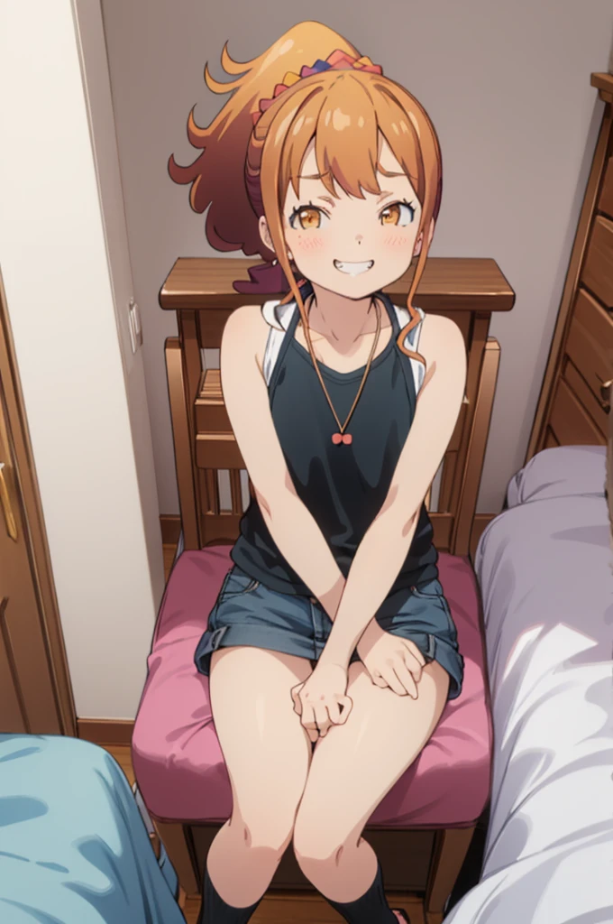 best quality, (masterpiece:1.2), highly detailed,
my room ,, jinno megumi,
1girl, solo, , looking at the viewer,grin,sitting
brown hair, ponytail, brown eyes, scrunchie, necklace,
casual clothes,sleeveless,miniskirt,small breasts,((nsfw)),socks