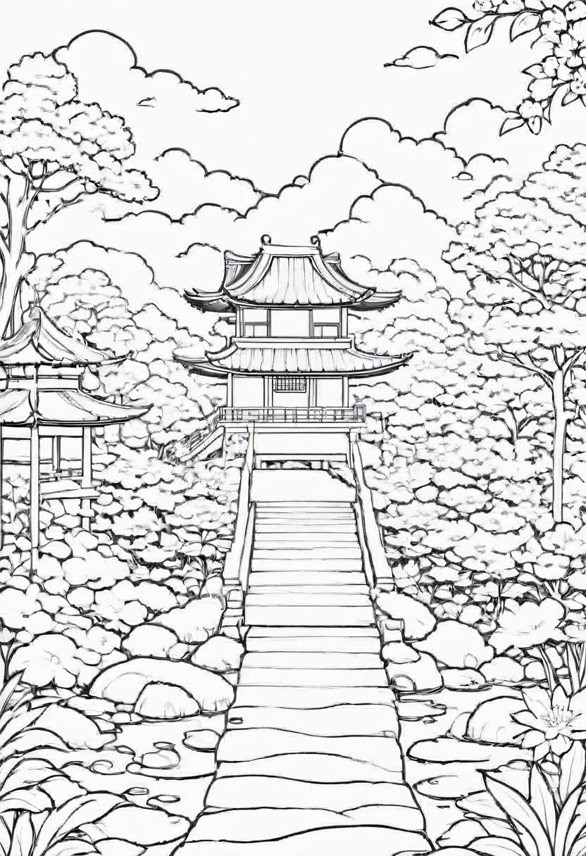 Lineart, thin line, Black and white old japnese garden themed illustrations within a mindfulness coloring book, no gray colors,