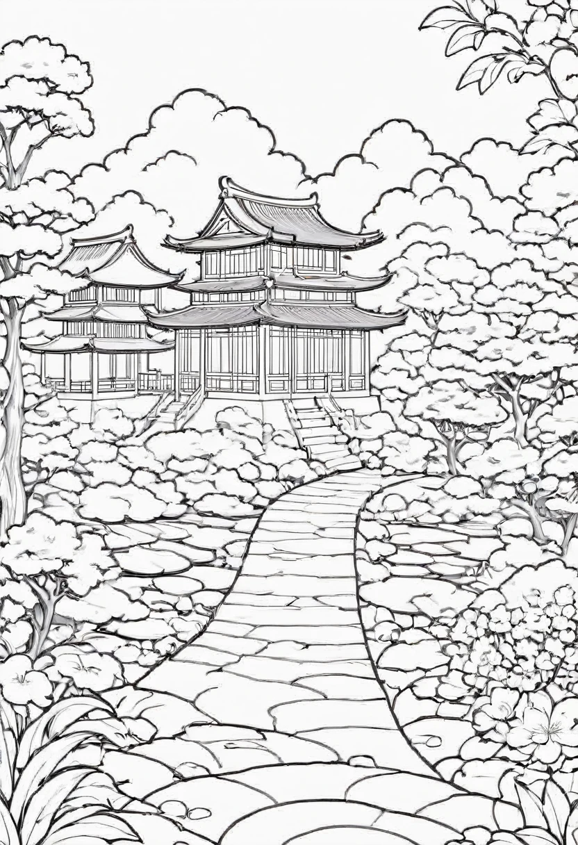 Lineart, thin line, Black and white old japnese garden themed illustrations within a mindfulness coloring book, no gray colors,
