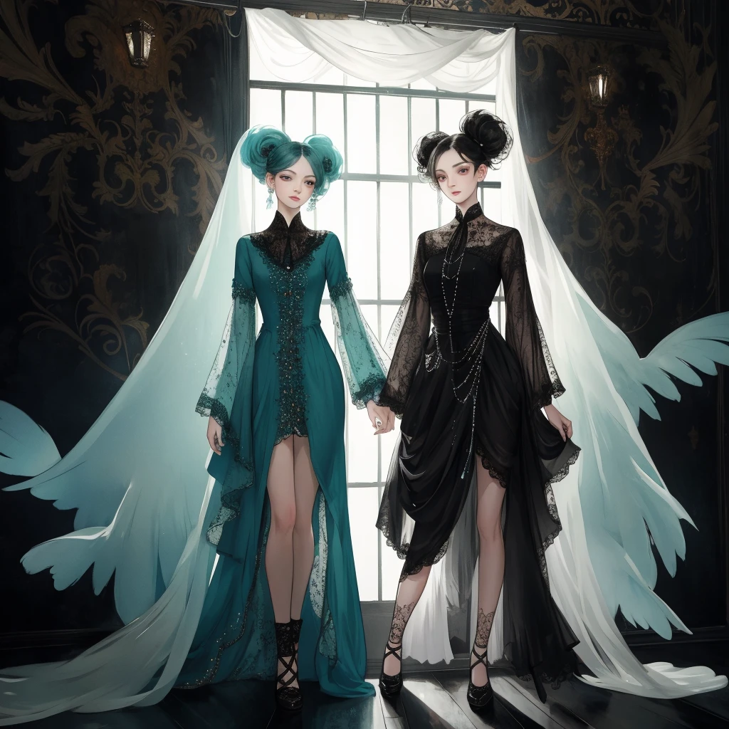 A stunning digital painting featuring a group of anthropomorphic, naked women with modest and cute demeanors, exuding sass as they stand shyly. They are adorned in bright, eye-catching boots that contrast with their soft, natural skin tones. Each character has large, expressive round eyes that capture their unique personalities. The artwork is inspired by the style of Nicola Samori, with a pin-up art flair, and is set against a dreamy, ethereal backdrop created from a mix of media. The subject's thin neck and full body are seamlessly integrated within the composition, showcasing the artist's skill. The piece displays complex detailing, contrasting colors, and intricate patterns that add depth to the scene. Backlighting enhances the ethereal mood, while fine ink rendering and dry watercolor effects provide sharp outlines and subtle textures, creating