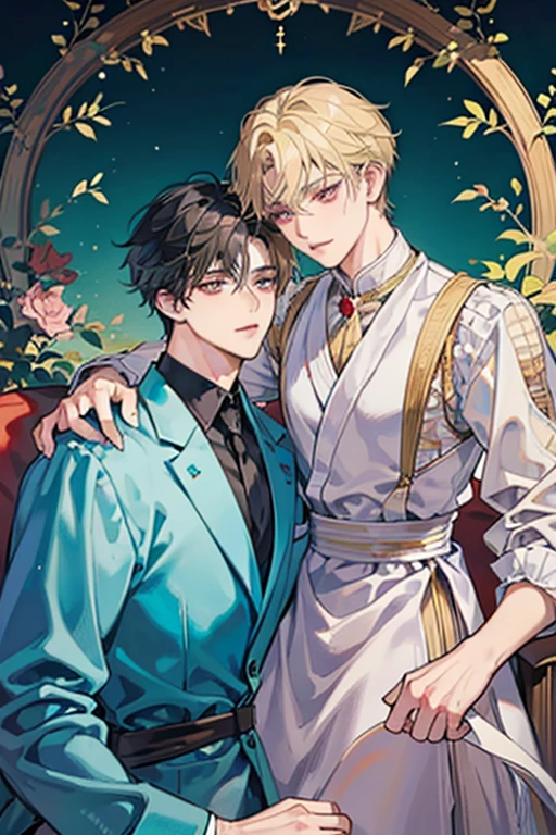 ((Highest quality)), ((masterpiece)), (detailed), Perfect Face, 2 boys, Gay couple, There was a expensive, Handsome boy with medium length blonde hair and turquoise eyes., Looks fierce and bold, Tsundere, Very expensive, hot and other boy has black hair and red eyes and is cute adorable and is bubbly and shorter, expensive, Those two are in love, Romance, Gay couple, BL couple, Yaoi, 4K Ultra Anime Quality, Anime art style, bl Yaoi, Embrace, 4KAnime art style, cute, Royalty, prince, Royal Family, Soft impression