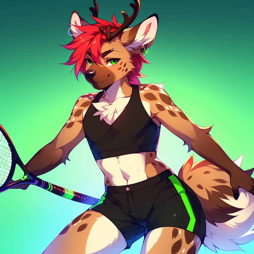 ((sfw)) Solo, A cute anthro, (((half hyena half deer))), male, (cute snout:1.2) full body, ((by hyattlen, by fumiko, ((by zackary, by fumiko)), solo, anthro, male deer, deer antlers, Bright brown fur body, ((brown ears)), red hair, mullet, detailed eyes, (heterochromatic eyes), diferent color eyes, one red eye and one green eye, bright white neck, dark hyena spots, white fawn spots, white chest, perfect drawn tail, hyena arms, hyena paws, deer tail, cute deer tail, small fluffy tail, soft and warm chest, fluffy chest, verry fluffy body, smirk, toned body, great anatomy, femboy jock, big ass, thick thighs, looking at the viwer, bedroom eyes, half lidded eyes, well drawn hands, earrings, eyebrow piercing, good anatomy, detail, (full body), sexy pose, seductive pose, dynamic pose, moving, tennis ball, tennis racquet, playing sports, playing tennis, wearing tiny shorts and a cropped shirt, bright green color scheme, neon green and black outfit color scheme,