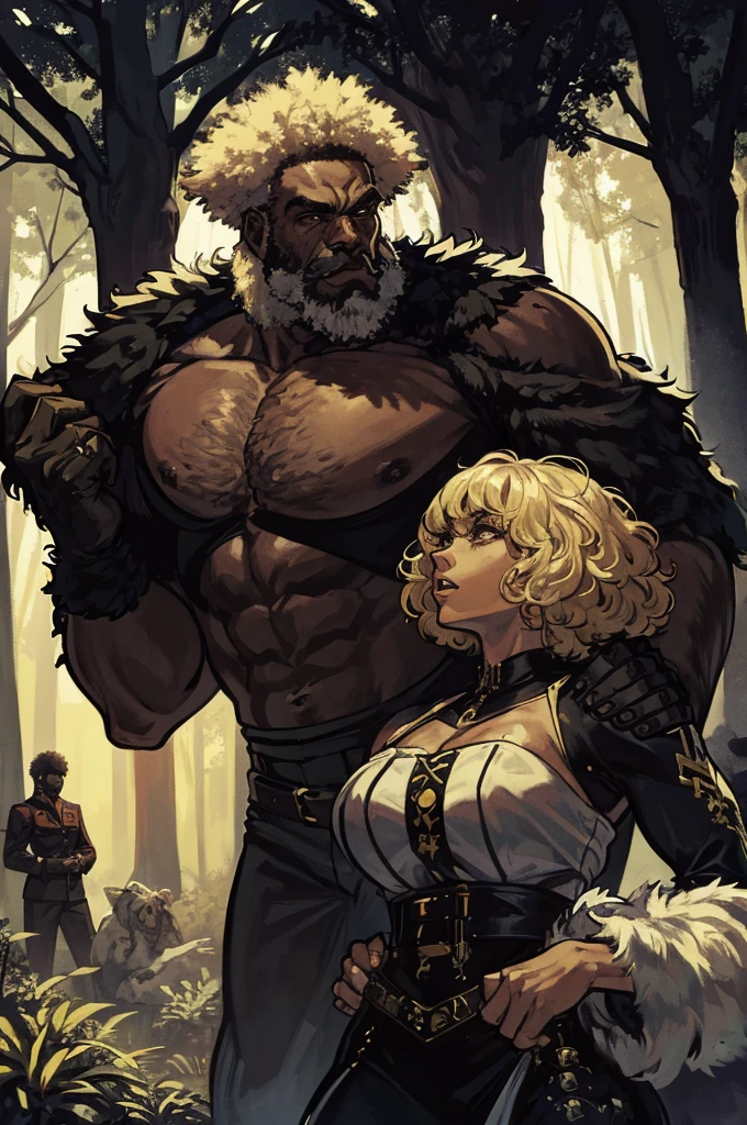 Tall Black man tall riding a pale skin woman that leashed by a from neck piggyback style interracial in forest normal body view from top smiling