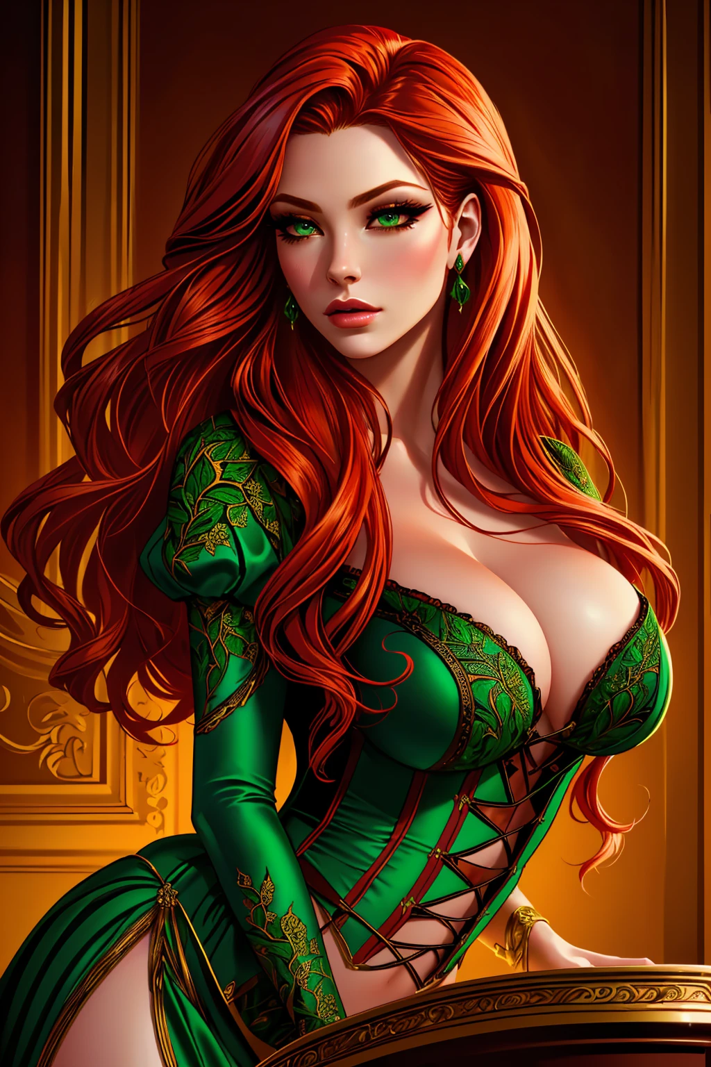 a woman with long crimson hair, intricate Green corset, beautiful detailed eyes, beautiful detailed lips, extremely detailed face, longeyelashes, elegant pose, graceful movement, breathtaking, detailed and realistic, oil painting, dramatic lighting, warm color palette, cinematic composition, masterpiece, 8k, high quality, poison ivy 