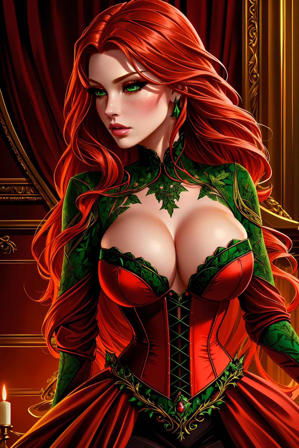 a woman with long crimson hair, intricate Green corset, beautiful detailed eyes, beautiful detailed lips, extremely detailed face, longeyelashes, elegant pose, graceful movement, breathtaking, detailed and realistic, oil painting, dramatic lighting, warm color palette, cinematic composition, masterpiece, 8k, high quality, poison ivy