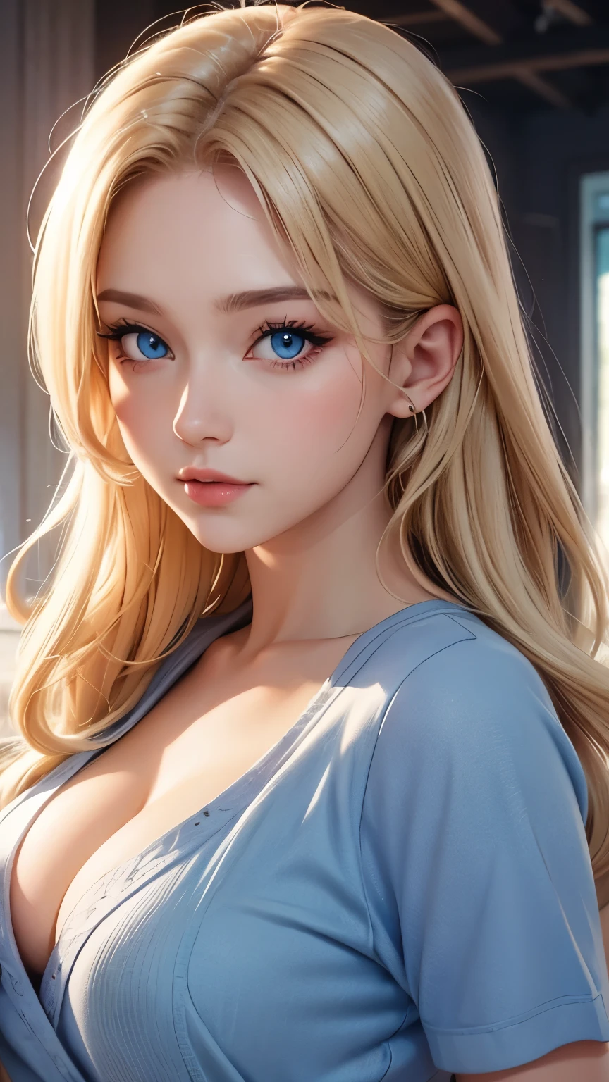 portrait, Practical, blue eyes, blond, Large Breasts, 4K resolution, High quality CG, Beautiful CG, Soft Light, fashion brand image, Fashionable and casual,