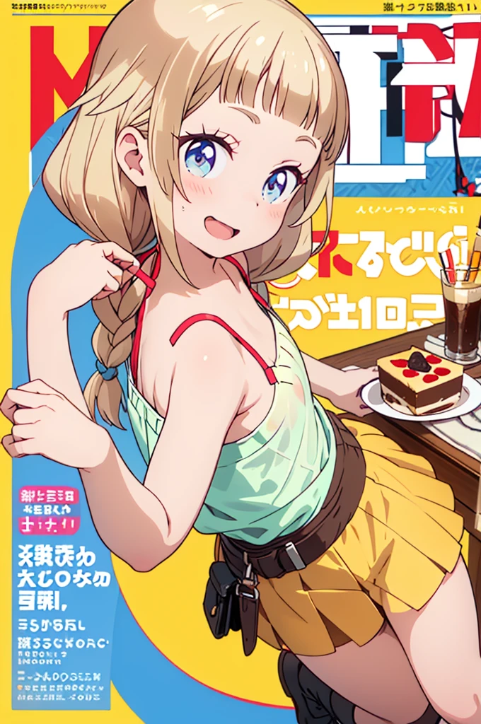 (small breasts:1.2), (perky chest:1.2), (pointed chest:1.2), (Pudding cake magazine cover:1.3),(from above:1.0),(shoot from the side:1.1),masterpiece, 1girl, Amazing Cleavage:1.1, thin waist, optimum,tmasterpiece,hight resolution,best qualtiy,hyper HD,super detailing,awardwinning,a 18yo cute girl,(The upper part of the body),anatomy correct,Beautiful Black miniskirt,garters,Gaze,Small face,bangss,holster,Beautuful Women,hands up,leg holster,Gaze,black boots,Cowboy Shot,cute face,a blond,Longhaire,Twin-tailed,Braids, Hairline,(scarlet eyes),long eyelasher,Hanging eye corners,White skin of the, ((see through camisole:1.1)), ((Sheer nipples:1.0)),Rocket Tits,(Slim body),smile,seductive weak smiling,(with sparkling eyes and a contagious smile),little open mouth, Looking at Viewer,