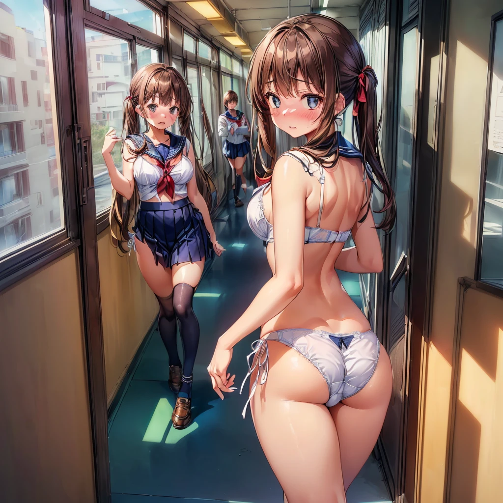 ((A woman in a navy blue sailor suit is walking sexily through the school corridor.:1.4), ((highest quality)), (Super detailed), (Very detailed CG synthesis 8k wallpaper), Very detailed, High resolution raw color photos, Professional photography, Brown Hair, Twin tails, Great face and eyes, Slender body, (Amazingly beautiful girl), (School corridor, Many students are walking down the hallway, A student is looking out of the classroom window:1.3), (Stylish white lingerie), (Stylish white micro bra), (Stylish white satin side-tie panties), (show off panties:1.4)Exact number of arms, Exact number of legs, Perfect Anatomy, (Embarrassed expression, Surprised expression), Looking Back, Angle from behind