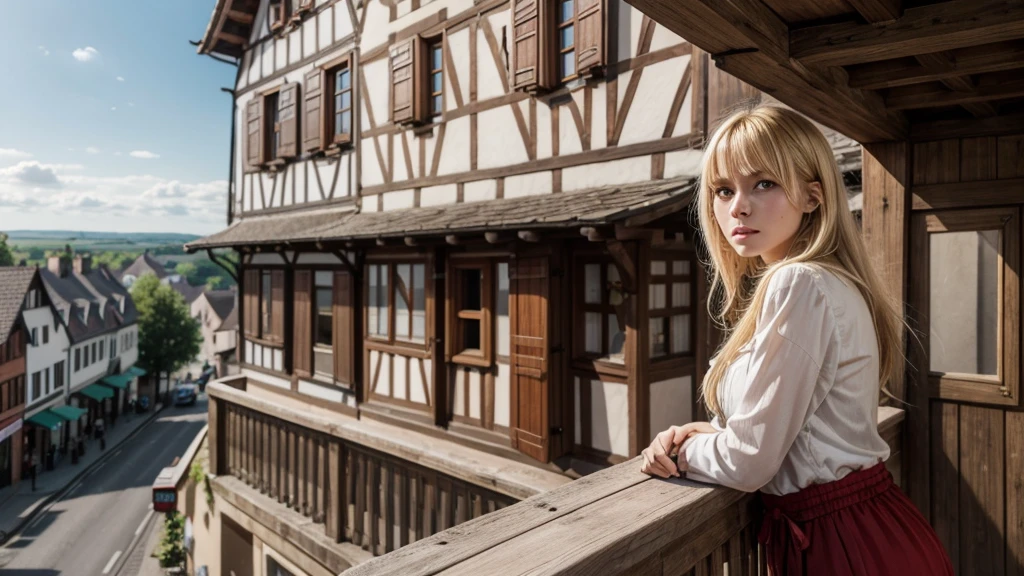 sad blonde woman on a balcony, looking at a rural town with simple half-timbered houses and Germanic architecture