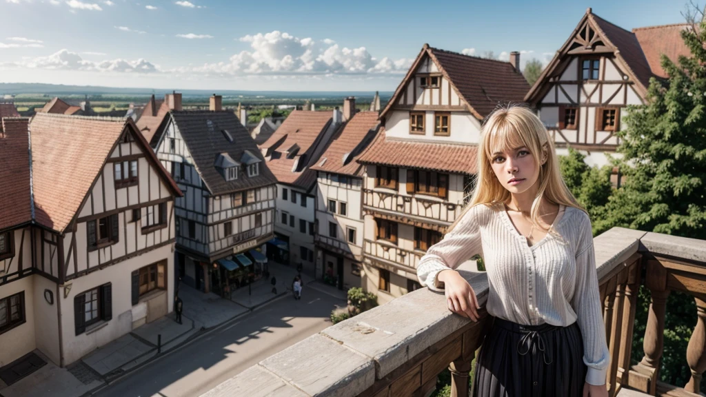 sad blonde woman on a balcony, looking at a rural town with simple half-timbered houses and Germanic architecture