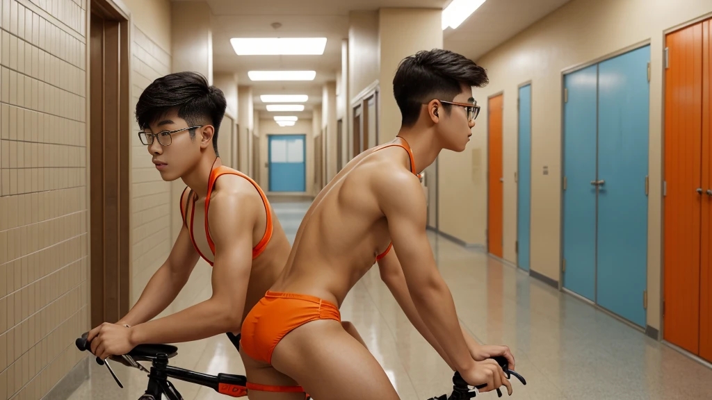 Side photo shot,Handsome Korean age boy, wearing eyeglass, cropped short hair, sharp eyes,he is riding a bicycle on school hallway in nude body , wearing orange bikini underwear