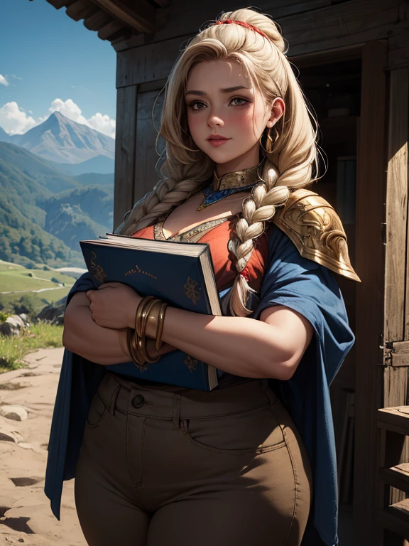 (masterpiece, highly detailed, artstation, absurdres, fantasy), solo, (big head, full rosy cheeks), happy facial expression, (woman dwarf, extremely short body, round fat body, broad shoulders), blonde hair in long thick braids, golden tattoos on her face, bangles, light armor, blue shirt, brown pants, in the hills, clear skies, mountains in the distance, hugging a book in front of her chest, sharp focus, cinematic composition, 