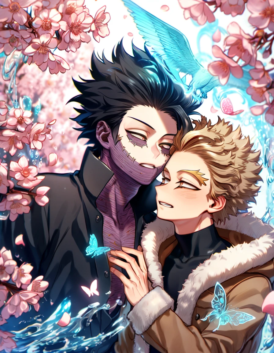 absurdres, highres, ultra detailed, HDR, master piece, best quality, extremely detailed face, delicated features, Hawks, ash blond hair, swept messily, slicked back, expressive brown eyes, Boku No Hero Academia, Dabi, black hair spiked around his head, expressive turquoise eyes, two sexy men together, yaoi, gay couple, handsome, brown jacket with fur, black tight shirt, black coat, water, blossoms, pink flowers, pink butterflies, fantasy, magic, radiant