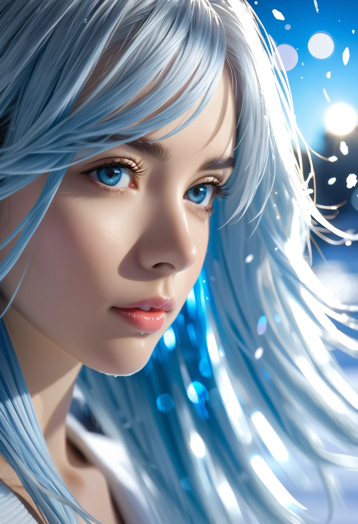 beautiful, young woman, in the crystal and ice area, fluttering ice, snowing, streaked hair, sliver hair, sky blue hair, long hair, blue eyes, eye reflection, disdain, ray tracing, reflection light, blurry, glowing light, shallow depth of field, chiaroscuro, stereogram, zoom layer, side, bokeh, masterpiece, best quality, high quality, HD