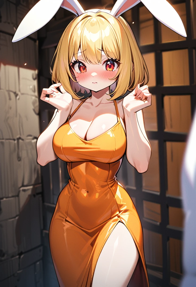 High quality, Natural Volumetric Lighting And Best Shadows, Deep Depth Of Field, Sharp Focus,1girl, Opcarrot, 1girl, blonde hair, large breasts, (rabbit face), short hair, red eyes, orange dress, rabbit ears, rabbit girl, white rabbit ears, white skin, furry, blushed, shy, looking_at_viewer, detailed eyes, side slit dress, orange dress, tight dress, shy pose,jail background, cell background,