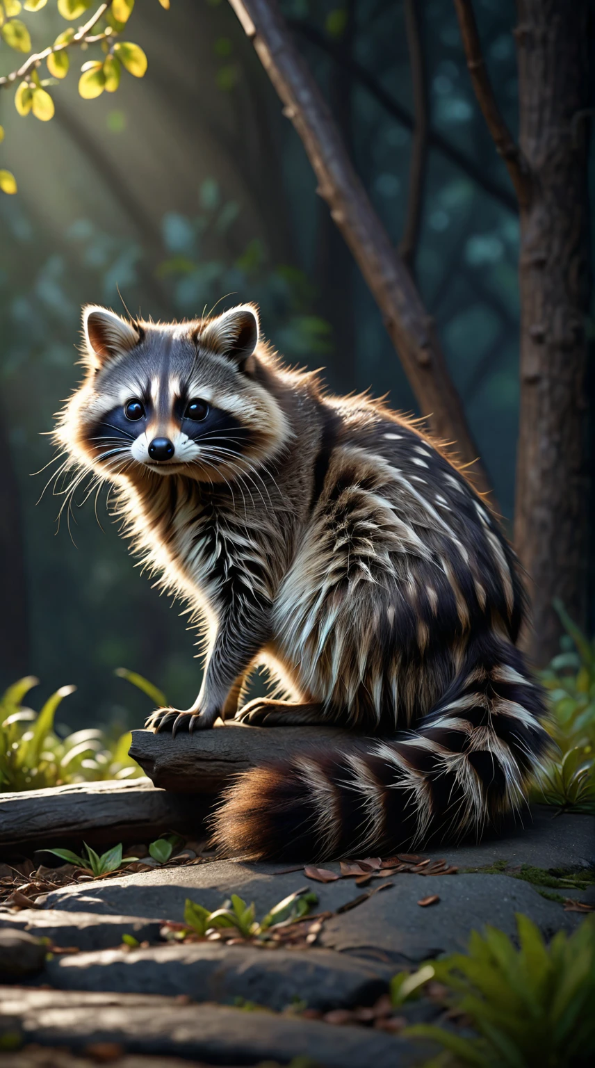 It looks like a raccoon cat with long hair on its head.，Mysterious Creatures, shrike, (best quality，4K，8K，High level，masterpiece：1.2），Ultra Detailed，（lifelike，Photo real，Photo real：1.37），Highly detailed animals，Complex patterns，Realistic lighting，Fantasy Creatures