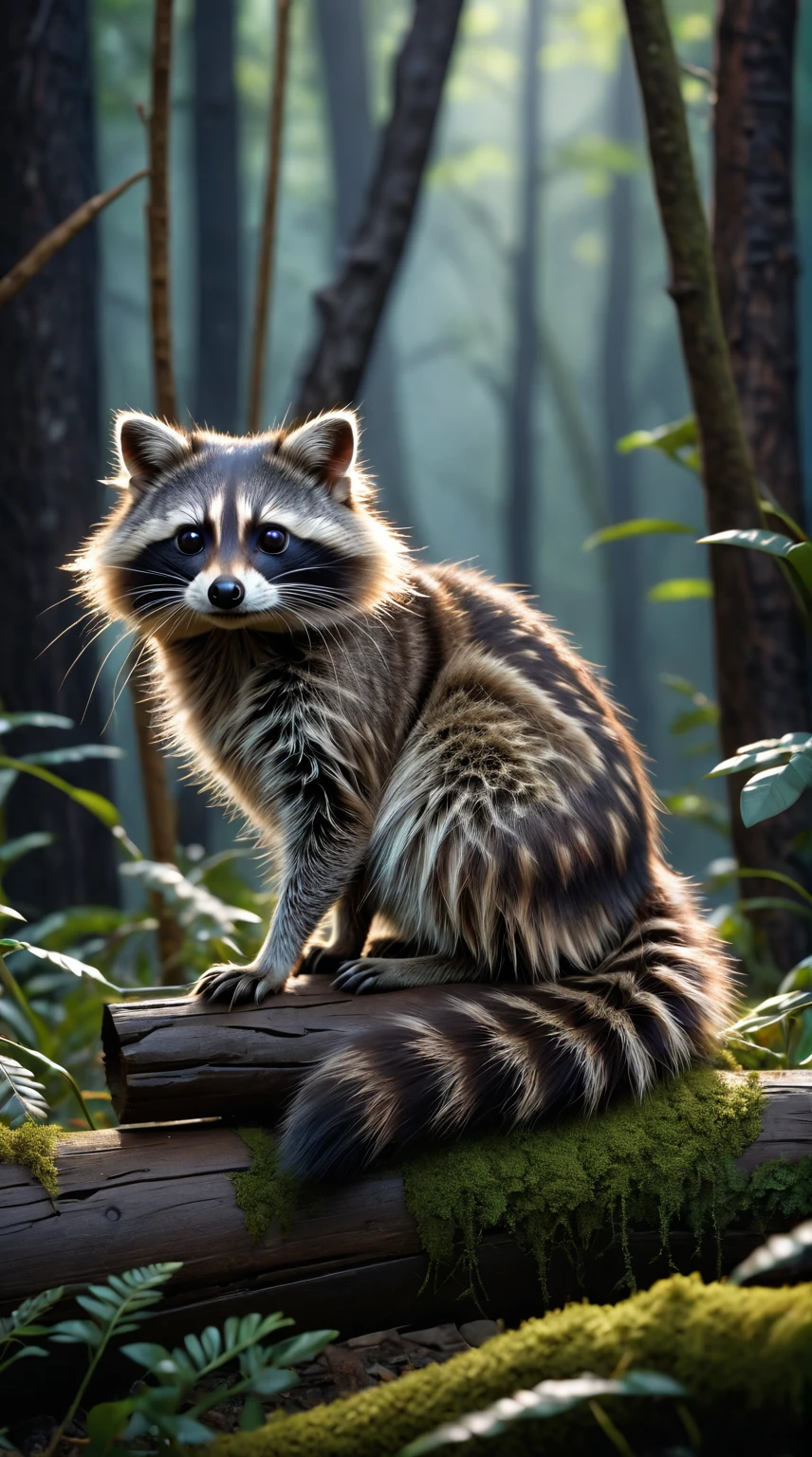 It looks like a raccoon cat with long hair on its head.，Mysterious Creatures, shrike, (best quality，4K，8K，High level，masterpiece：1.2），Ultra Detailed，（lifelike，Photo real，Photo real：1.37），Highly detailed animals，Complex patterns，Realistic lighting，Fantasy Creatures