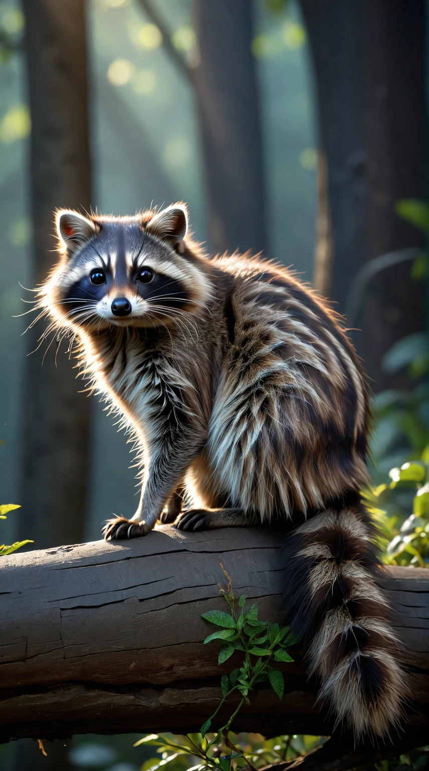 It looks like a raccoon cat with long hair on its head.，Mysterious Creatures, shrike, (best quality，4K，8K，High level，masterpiece：1.2），Ultra Detailed，（lifelike，Photo real，Photo real：1.37），Highly detailed animals，Complex patterns，Realistic lighting，Fantasy Creatures
