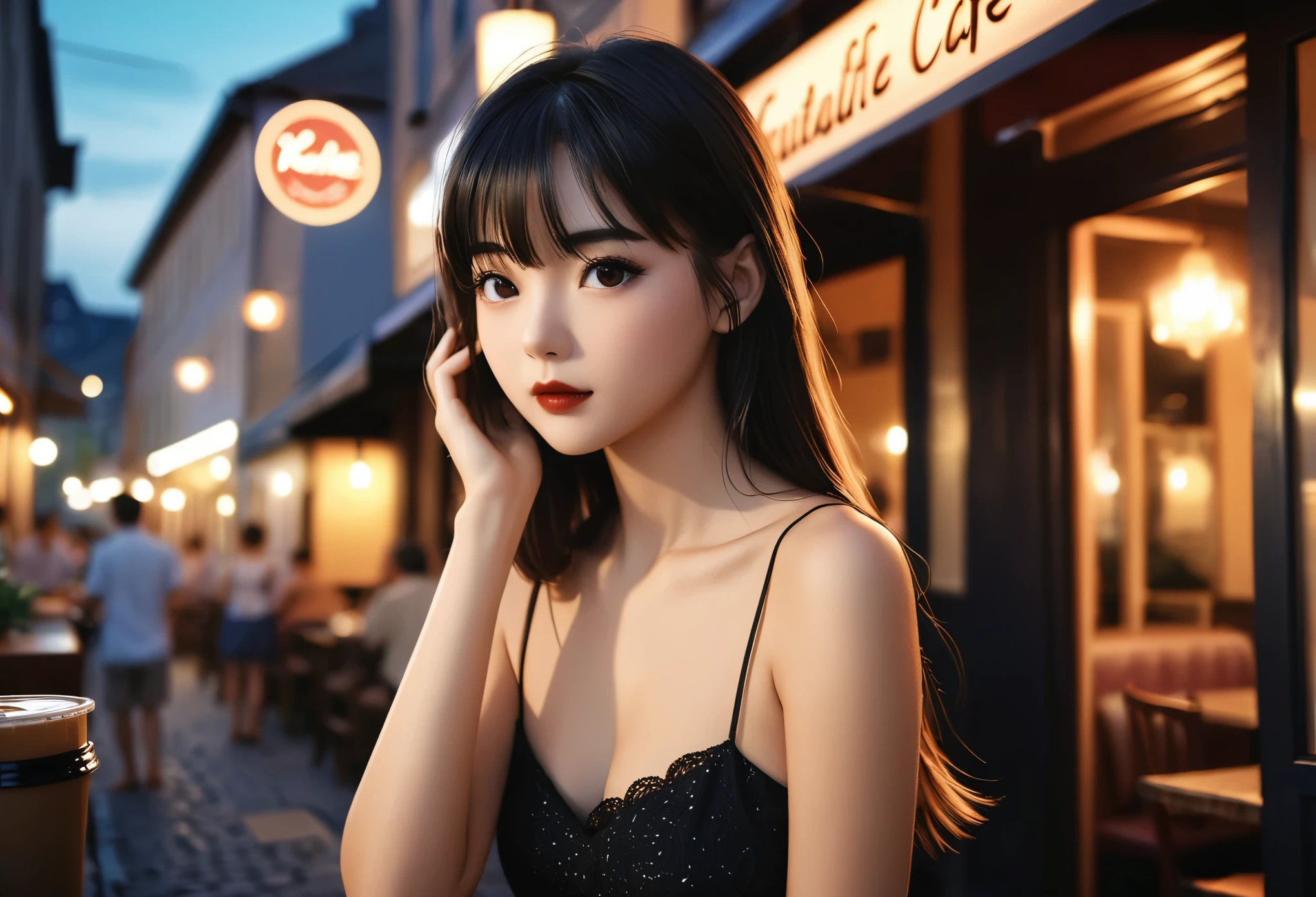 a girl，Cute and beautiful face，Long straight black hair，Long bangs cover the eyes，Long eyelashes，(beautiful eyes)，Small Eyes，(Half closed eyes)，(Dark lipstick)，(Dark eyeshadow)，slim，Medium breasts，Slender limbs，spaghetti strap dress，Outside old town cafe，night，clean focus，Shallow depth of field，Super detailed faces，Very beautiful face，soft skin，Extremely high texture skin，looking towards the audience，Little giggle，Beautiful legs，Tempting，female pose，movie lighting，soft light，(actual ，actual-photo，original photo，8K original)，lens flare，film grain，Art Photography，Ultra high quality，exquisite works，retina，