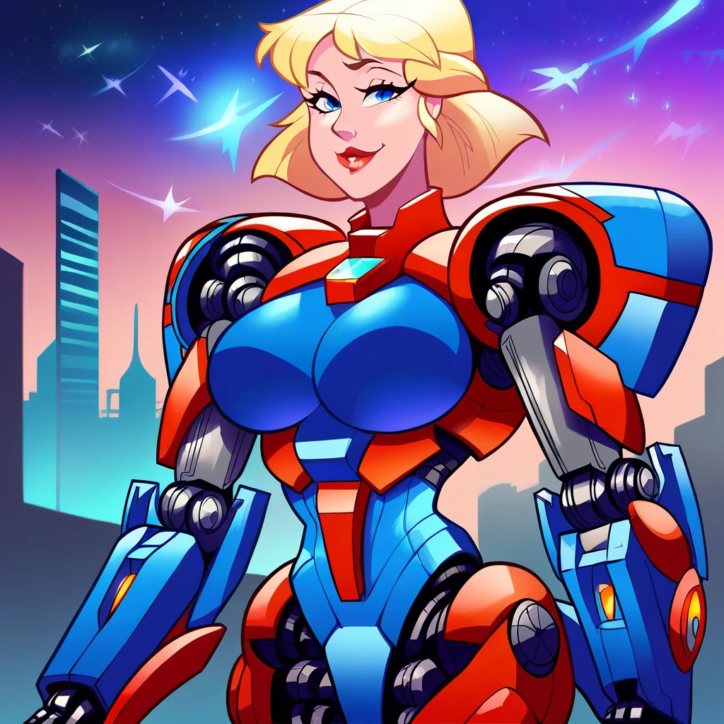 score_9, score_8_up, score_7_up, score_6_up, score_5_up, score_4_up, (insanely detailed, beautiful detailed face, masterpiece, best quality), mirandawright, (((1girl, solo, alone))), (((short hair, blonde hair, blue eyes, large breasts))), looking at viewer, smile,

(((    android girl, mecha girl,   demontheme, nebula, dark aura, cyber effect, mechanical parts, robot joints, blue mechanical arms, blue mechanical legs, blue headgear, red intricate mechanical bodysuit, full armor    ))), 

sexy pose, dynamic pose, dynamic angle, cowboy shot,

outdoor, street, city, night, moon, buildings, 