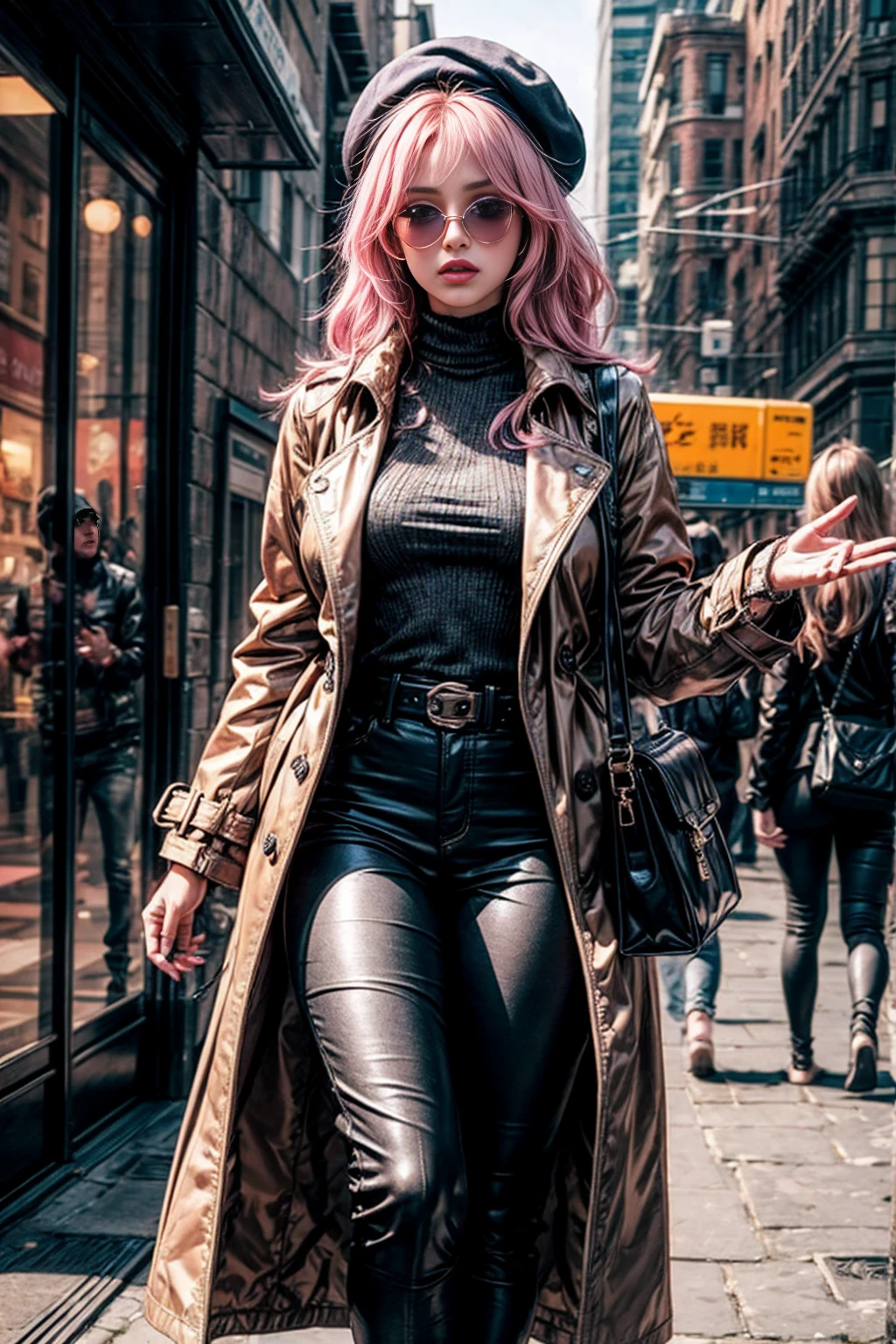 4k, realistic, high detailed, super eyes detailed, fashion clothes, pink trench coat, french beret, black pants with belt, long hair, in the city,  pink hair, purple eyes, yae miko, wearing trendy sunglasses,