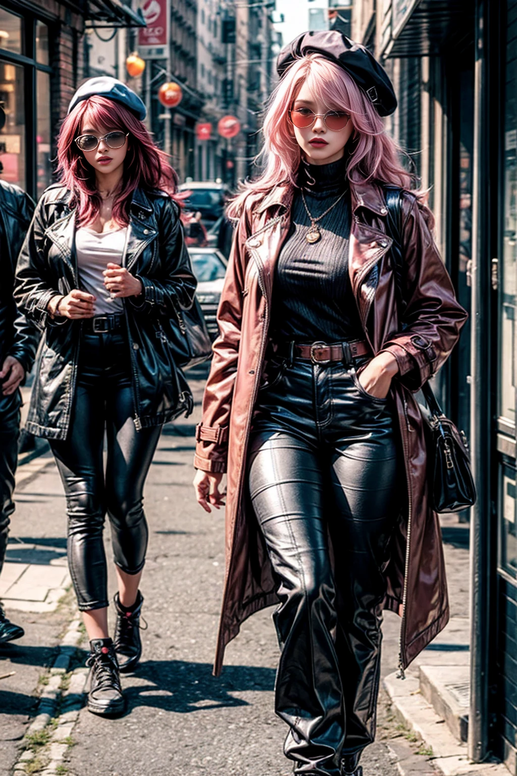 4k, realistic, high detailed, super eyes detailed, fashion clothes, pink trench coat, french beret, black pants with belt, long hair, in the city, pink hair, purple eyes, yae miko, wearing trendy sunglasses,