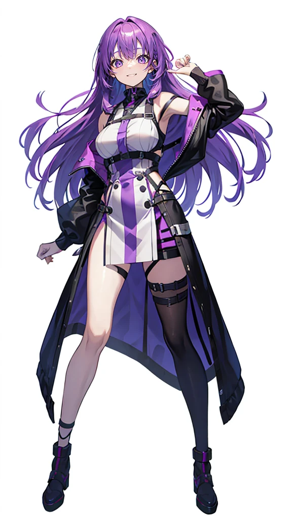 ((Perfect Face)), Purple Hair,Long Hair,girl,1 person,,Harness,,Simple Background,smile,Full Body,((full body)),Character portrait,virtual,front,viewer&#39;s eyes,視線をfrontに,standing tall