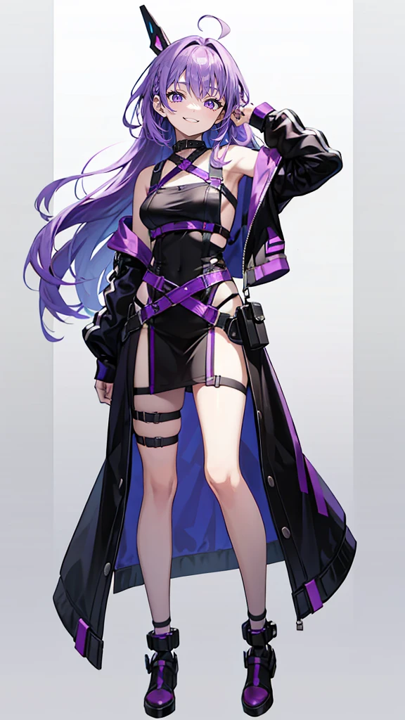 purple hair,girl,1 person,long hair,(body Harness),simple White background,smile,whole body,((full body)),standing position,Standing picture,vtuber,front,How to look at the viewer,Focus your gaze on the front,arm to the side