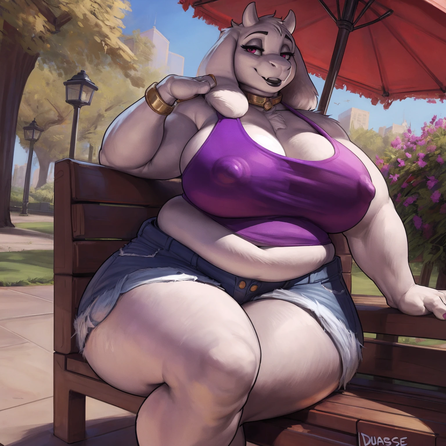 by darkgem, by duase, by kevinsano, solo, 1girl, toriel, maroon eyes, female, older woman, furry body, chubby, heavyset, broad shoulders, wide body, wide hips, thick thighs, big arms, heavy breasts, nipple outline, highly detailed eye, (black pupil:1.3), milf, tank top, bare midriff, cleavage, large areolae, denim cutoffs, bare midriff, visible thong straps, Masterpiece, best quality, absurd res, highly detailed, cleanly drawn eyes, park environment, park bench, cute smile, black lipstick, seated, casual posture,