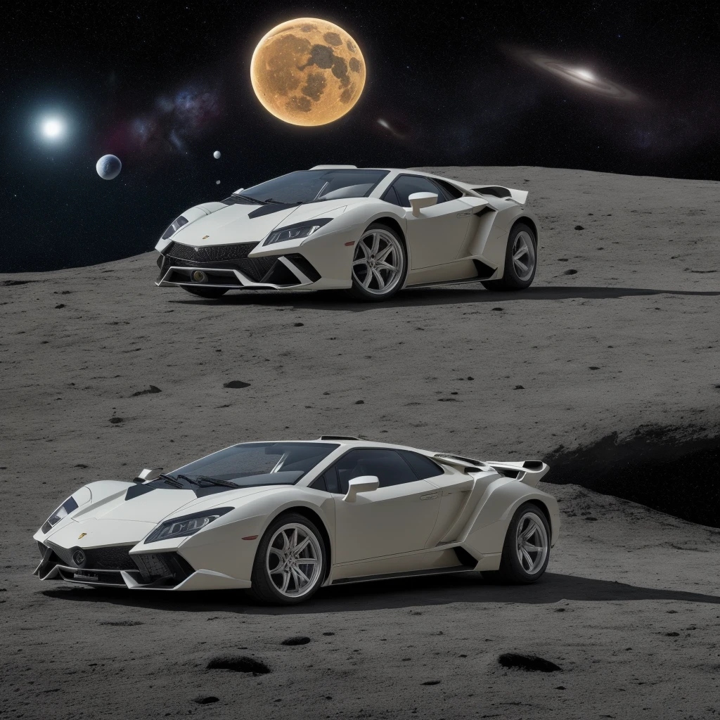 ((Best Quality)), ((Masterpiece)), (detailed), a single lamborghini countach on the moon with space and planets in the background