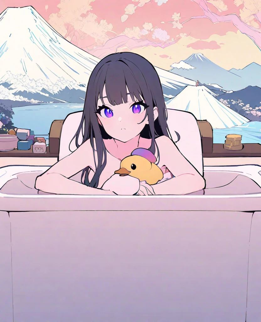koseki-bijou/(Hololive/),(Flat Color:1.1), (colorful:1.3), (masterpiece:1.2), Highest quality, masterpiece, original, Highly detailed wallpaper, View your audience, One Girl, Cat ear、Black Hair、Shortcuts、、alone, Enter the bathhouse、Soak in a spacious bathtub、Mount Fuji painting、Duck toys、Dachshund dog、