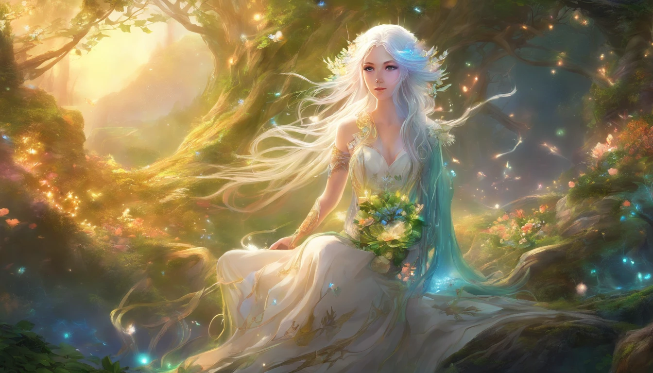 (((Wood elves floating above the forest, Tearing flowers in the forest ))) green hair, body, Radial glow, white fern flowers, Optical, Panoramic lighting, atmospheric perspective, dawn, Smoothing: 5D, Light painting, Color, beautiful countenance, clear facial features, symmetrical transparent wings, impressive detail. ((torso)), best quality, Artwork, a Japanese woman with ((White hair with luminescence)), ((detailed pearl blue eye)), highly detailed goddess soul, character focus, Alone, (Swirl Style Magical), Alone, front view, front view, looking at viewer, detailed face, ((Luminescent Lighting Magic Circle Theme)), perched on a ledge, tight neon body, light stripes, dark abyssal wanderer abstract, (( Simple Luminescence Neon Dress), inscribed with mystical runes, dystopian outdoor background,
