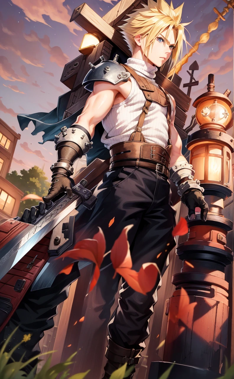 masterpiece, best quality, cloud strife, shoulder armor, sleeveless turtleneck, suspenders, belt, gloves, bracer, upper body, serious expression, looking at viewer, facing forward, city street, night, arms to side, ((Buster Sword))