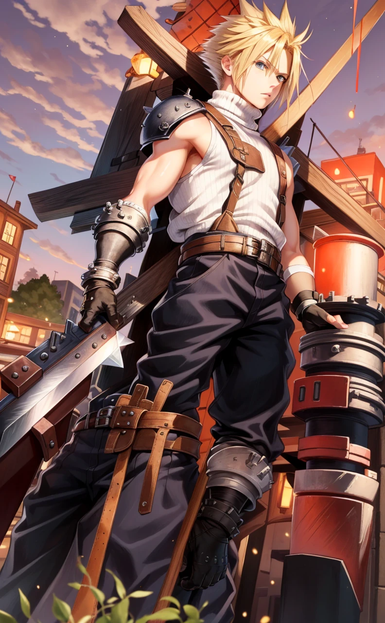 masterpiece, best quality, cloud strife, shoulder armor, sleeveless turtleneck, suspenders, belt, gloves, bracer, upper body, serious expression, looking at viewer, facing forward, city street, night, arms to side, ((Buster Sword))