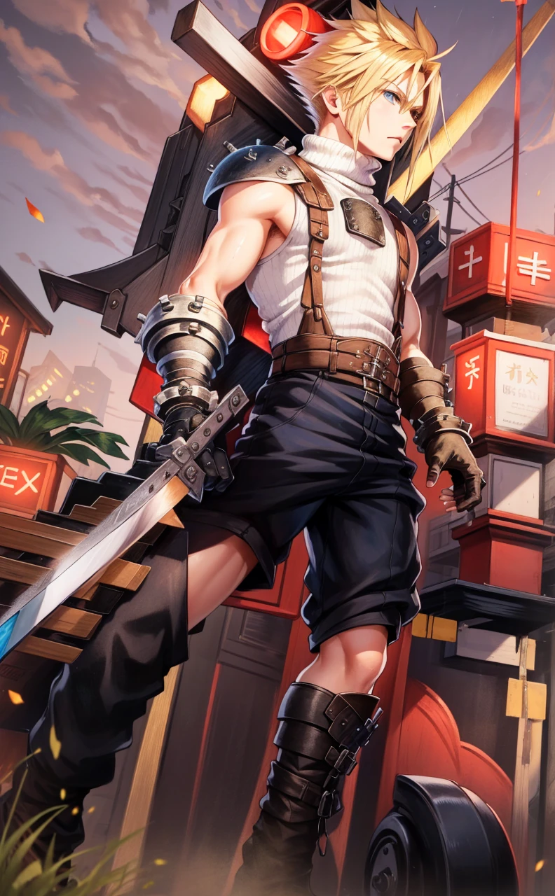 masterpiece, best quality, cloud strife, shoulder armor, sleeveless turtleneck, suspenders, belt, gloves, bracer, upper body, serious expression, looking at viewer, facing forward, city street, night, arms to side, ((Buster Sword))