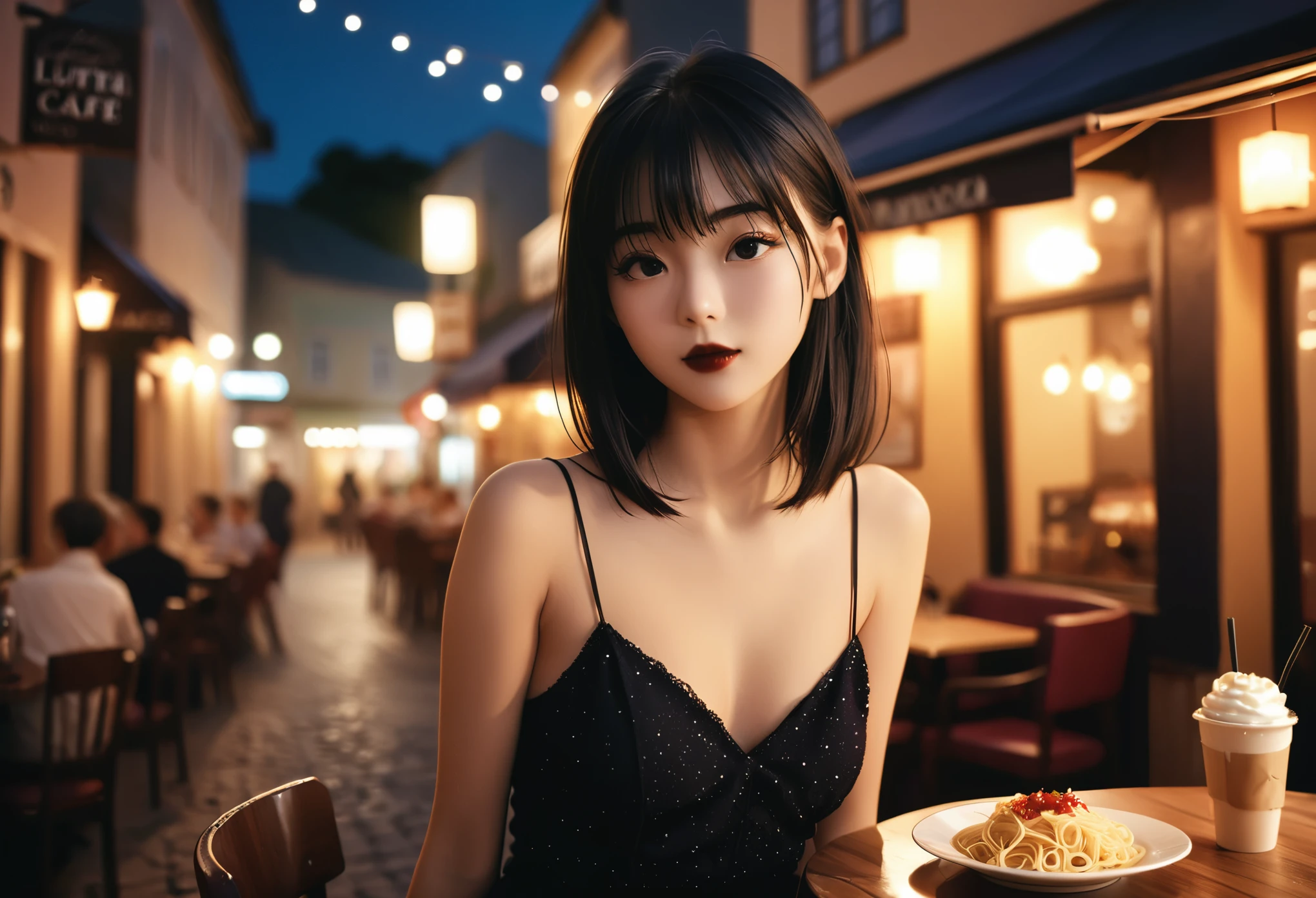 a girl，Cute and beautiful face，Long straight black hair，Long bangs cover the eyes，Long eyelashes，(beautiful eyes)，Small Eyes，(Half closed eyes)，(Dark lipstick)，(Dark eyeshadow)，slim，Medium breasts，Slender limbs，spaghetti strap dress，Outside old town cafe，night，clean focus，Shallow depth of field，Super detailed faces，Very beautiful face，soft skin，Extremely high texture skin，looking towards the audience，Little giggle，Beautiful legs，Tempting，female pose，movie lighting，soft light，(actual ，actual-photo，original photo，8K original)，lens flare，film grain，Art Photography，Ultra high quality，exquisite works，retina，