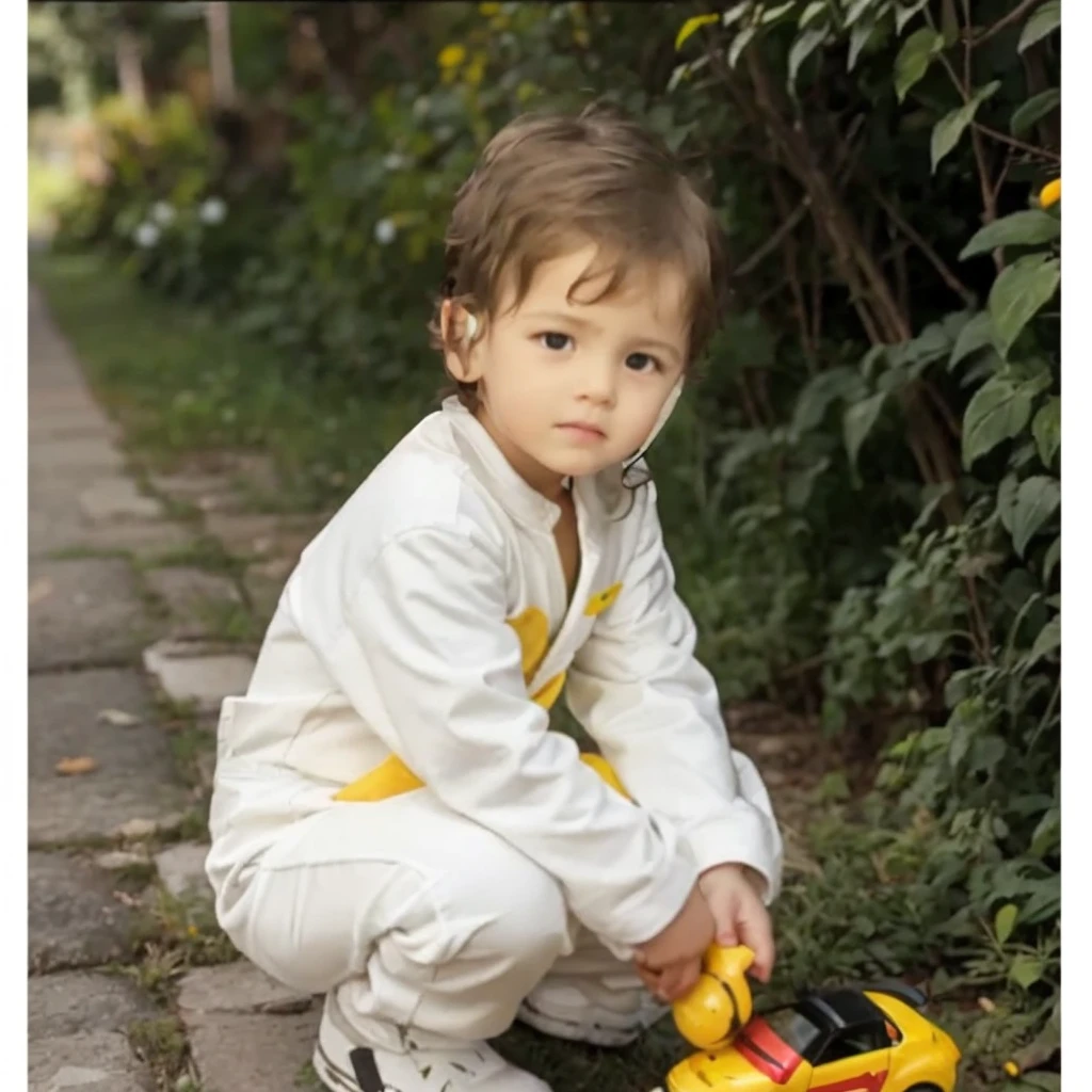 A boy in a white jumpsuit, a  of about 3 , dark, curly, long hair, black eyes, Russian, squatting, holding a yellow and red toy car in his hands, green bushes and a path in the background. 