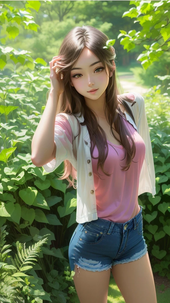 Arafed woman in a pink shirt and denim shorts poses for a photo, Beautiful young girl model, beautiful model girl, with long hair, realisti, attractive anime girl, beautiful seductive anime teen, ( ( ( skinny jeans shorts ) ) )