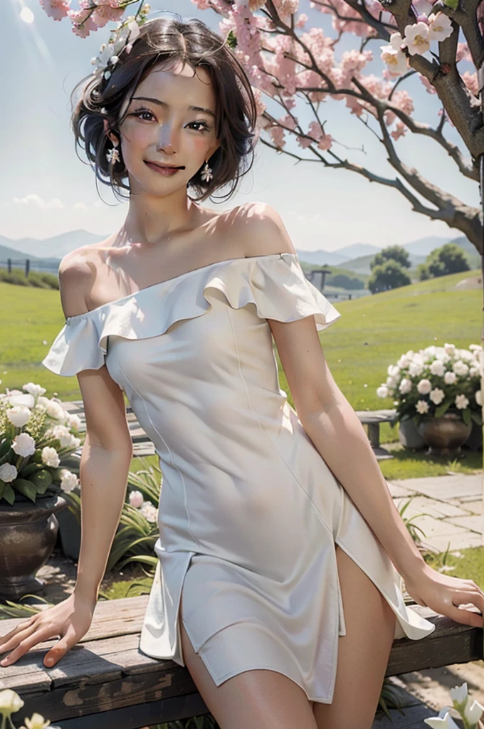 Best quality, masterpiece, ultra high res, (photorealistic:1.4), raw photo, 1girl, white dress, off shoulder, blossom flower field, glowing skin, light smile