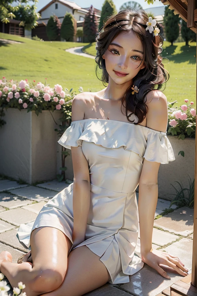 Best quality, masterpiece, ultra high res, (photorealistic:1.4), raw photo, 1girl, white dress, off shoulder, blossom flower field, glowing skin, light smile