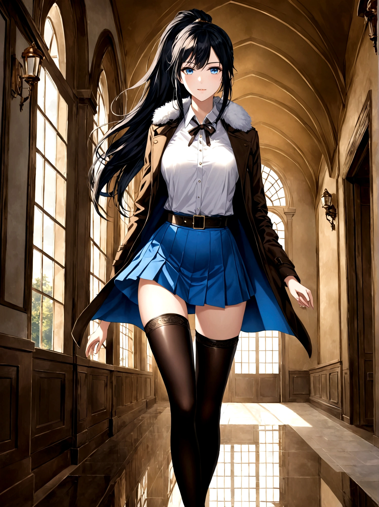 A beautiful woman, 18 years old, in a castle, reflection in the windows, walking down the hallway, dusk, wind crashing against her body, /(white skin, extremely long straight jet black hair combed in a ponytail, topaz blue eyes,), /(plain pleated polyester miniskirt, dark thigh-high stockings held up by garters, leather boots with fur trim around the edges, coat, worsted cap,), /(shapely legs, athletic hourglass body, medium hips, medium waist, large chest, perfect tapered hands, triangular face, long fingers, Greek nose,),