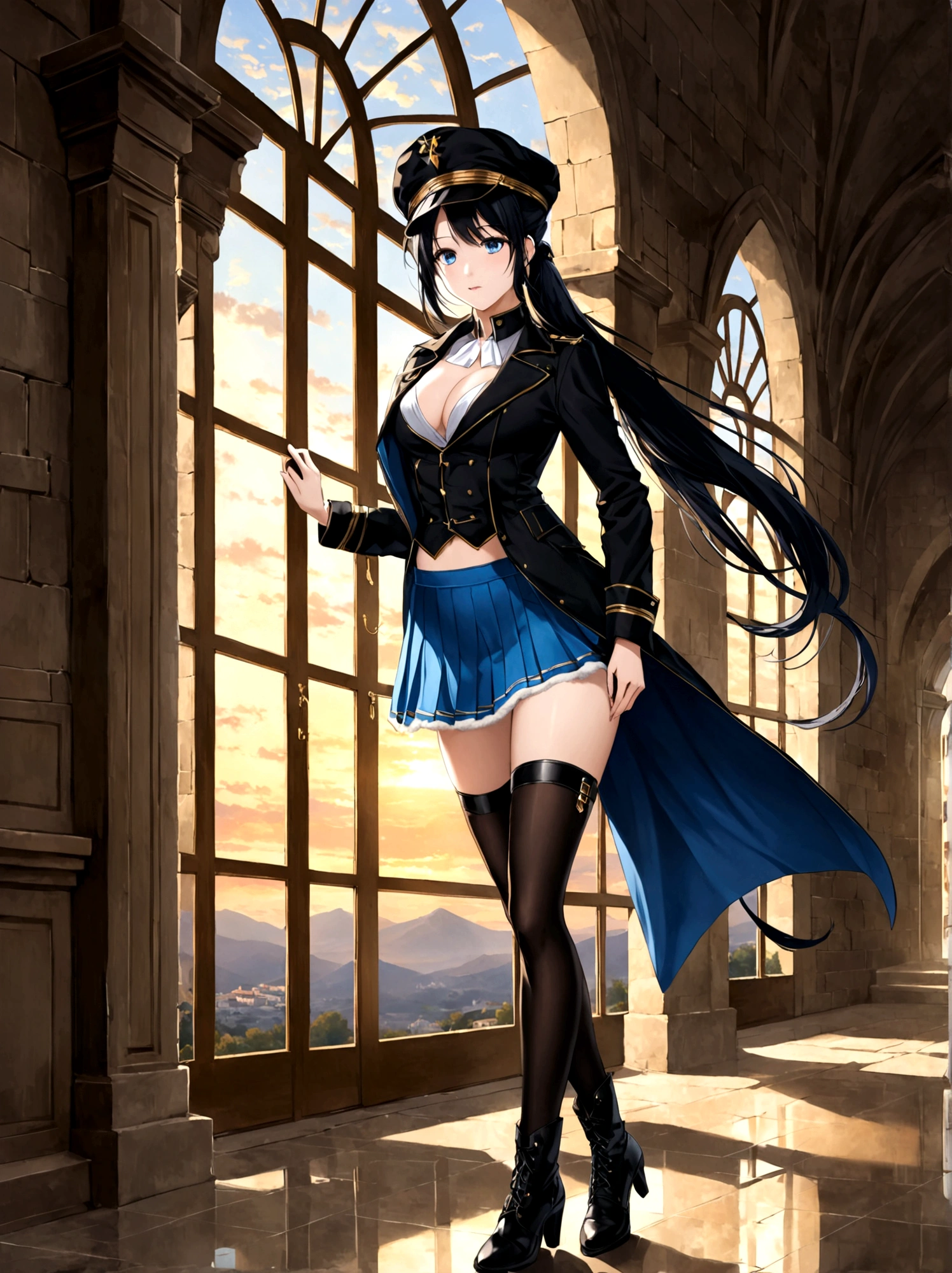 A beautiful woman, 18 years old, in a castle, reflection in the windows, walking down the hallway, dusk, wind crashing against her body, /(white skin, extremely long straight jet black hair combed in a ponytail, topaz blue eyes,), /(plain pleated polyester miniskirt, dark thigh-high stockings held up by garters, leather boots with fur trim around the edges, coat, worsted cap,), /(shapely legs, athletic hourglass body, medium hips, medium waist, large chest, perfect tapered hands, triangular face, long fingers, Greek nose,),