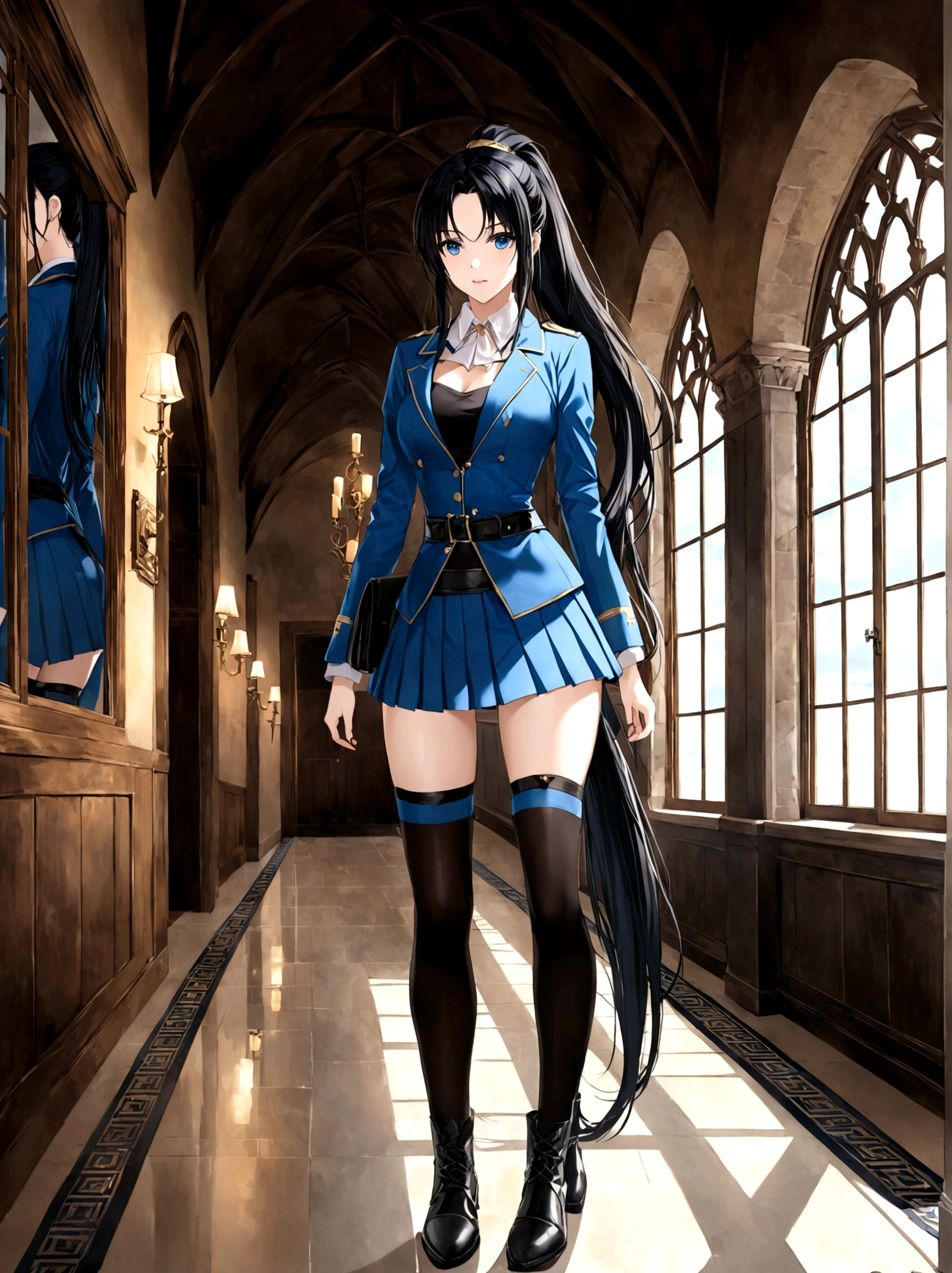 A beautiful woman, 18 years old, in a castle, reflection in the windows, walking down the hallway, dusk, wind crashing against her body, /(white skin, extremely long straight jet black hair combed in a ponytail, topaz blue eyes,), /(plain pleated polyester miniskirt, dark thigh-high stockings held up by garters, leather boots with fur trim around the edges, coat, worsted cap,), /(shapely legs, athletic hourglass body, medium hips, medium waist, large chest, perfect tapered hands, triangular face, long fingers, Greek nose,),