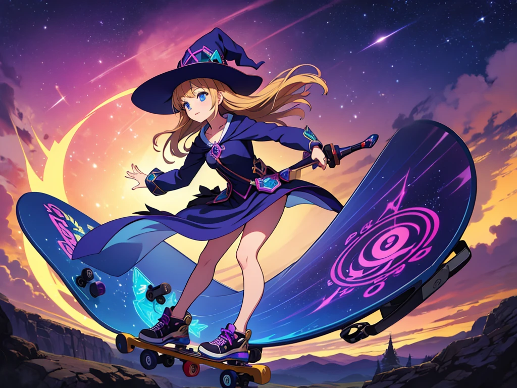 mysterious, magical,witch girl holding her enchanted skateboard, ready to ride, high detail, atmospheric