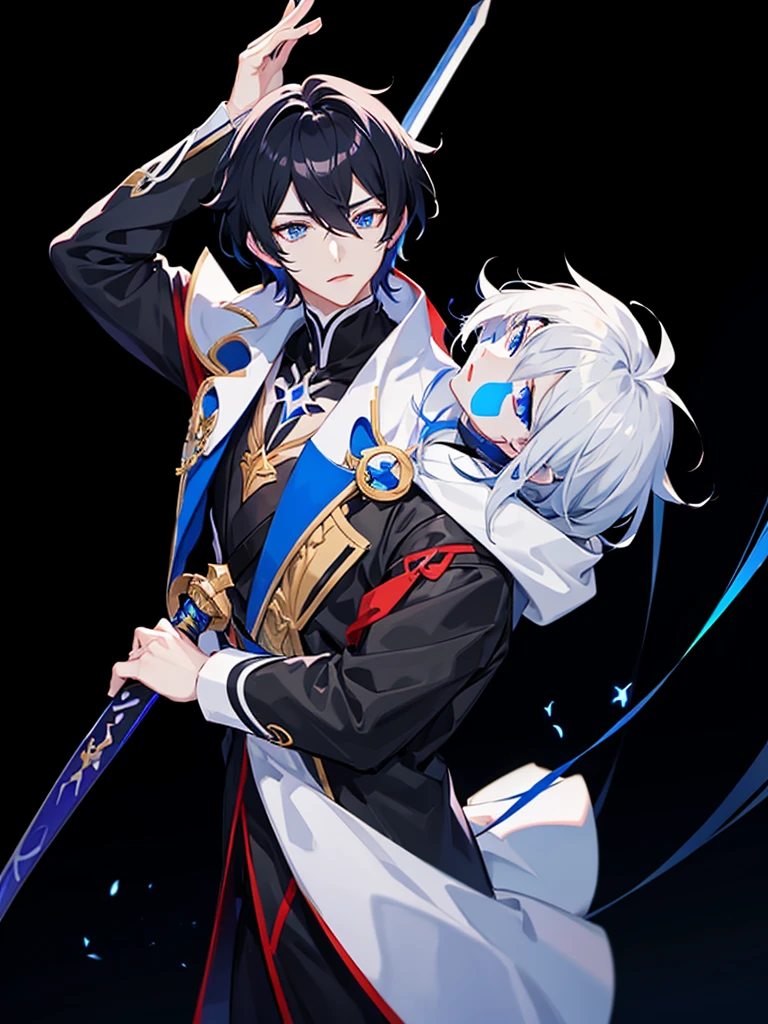 Honkai impact male black hair and blue eyes and swords