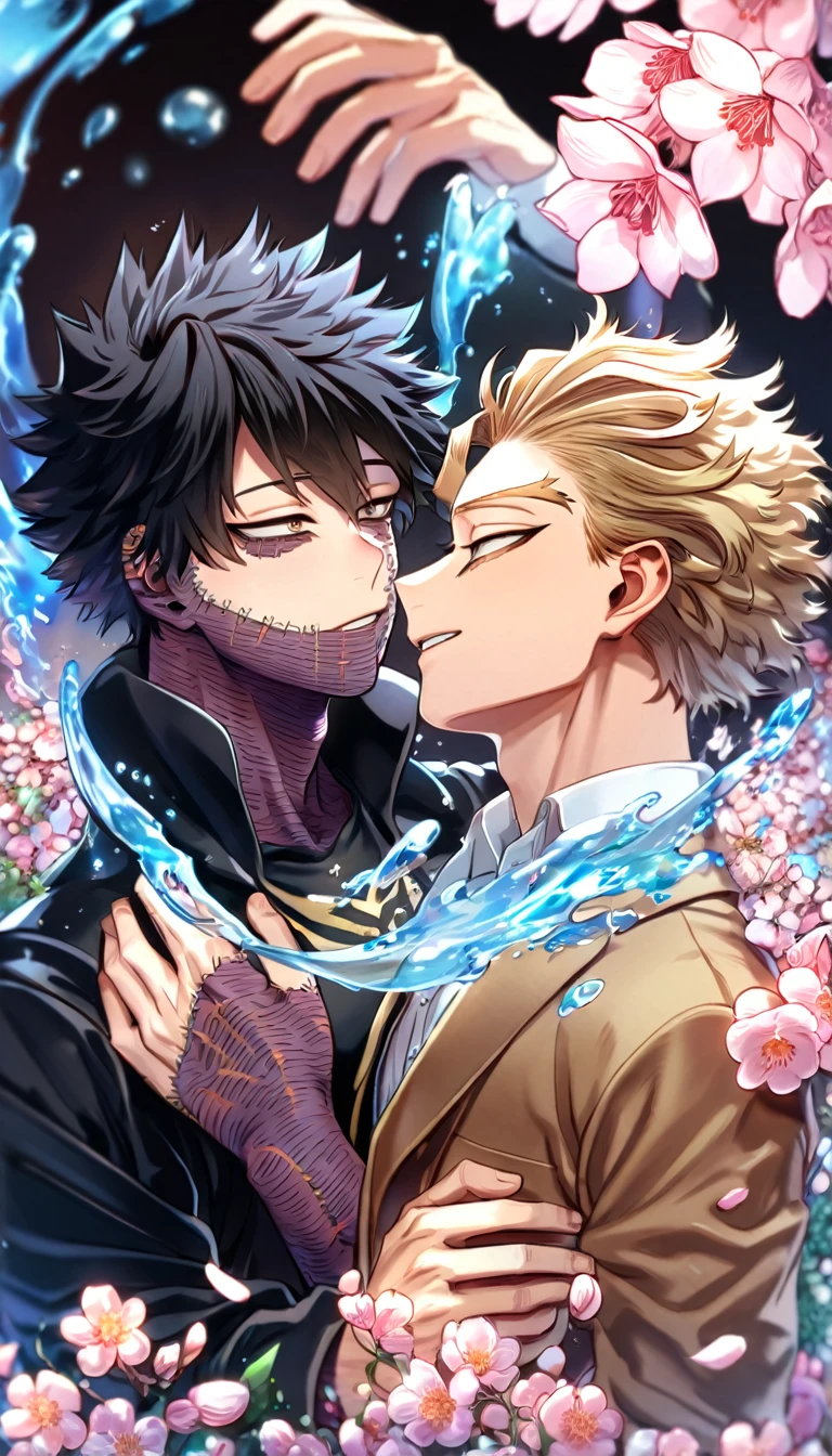 absurdres, highres, ultra detailed, HDR, master piece, best quality, extremely detailed face, delicated features, Hawks, ash blond hair, swept messily, slicked back, expressive brown eyes, Boku No Hero Academia, Dabi, black hair spiked around his head, expressive turquoise eyes, two sexy men together, yaoi, gay couple, handsome, brown jacket with fur, black tight shirt, black coat, water, blossoms, pink flowers, pink butterflies, fantasy, magic, radiant