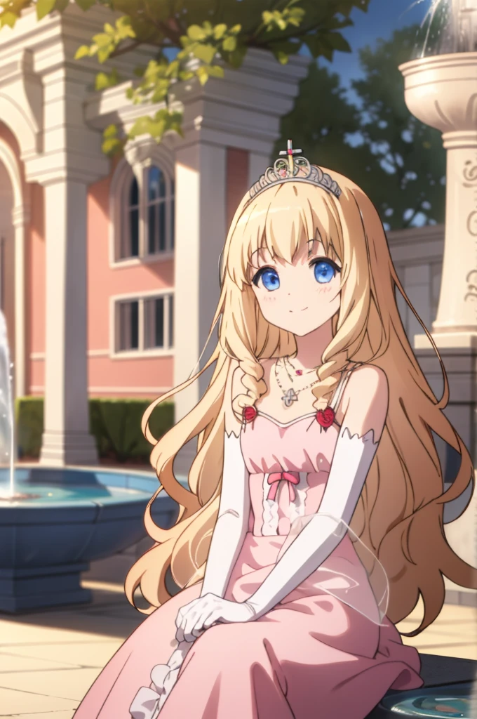 best quality, masterpiece, detailed,
LatifaFleuranza,
solo, light smile,
blonde hair, blue eyes, very long hair, tiara,
LatifaDress, pink dress, bare shoulders, elbow gloves, necklace,
sitting, looking at the viewer,
(day:1.2), garden, (fountain:1.3)